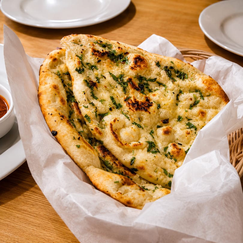 Basket of freshly baked naan bread with herbs, served on a wooden table with plates.