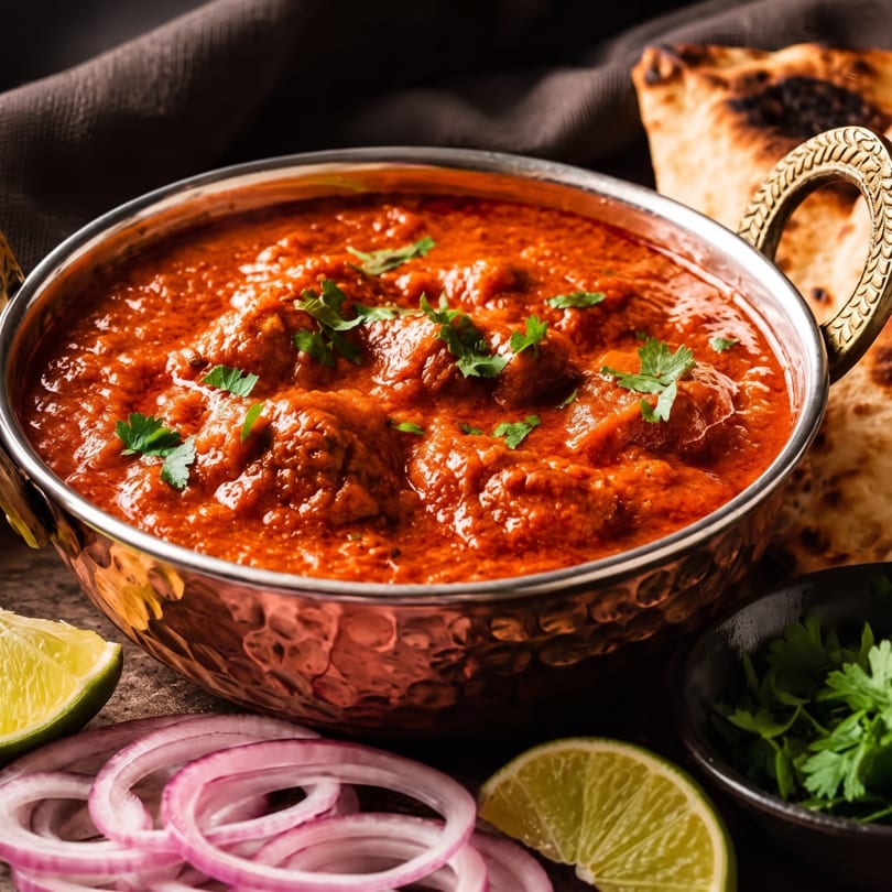 A copper bowl of chicken tikka masala, garnished with cilantro, served with naan, lime, and red onions.