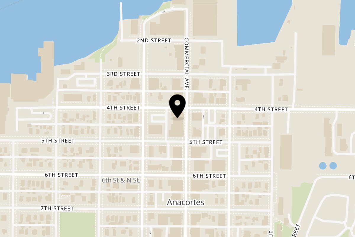 Map showing the location of Curry Leaf Restaurant on 408 Commercial Ave in Anacortes